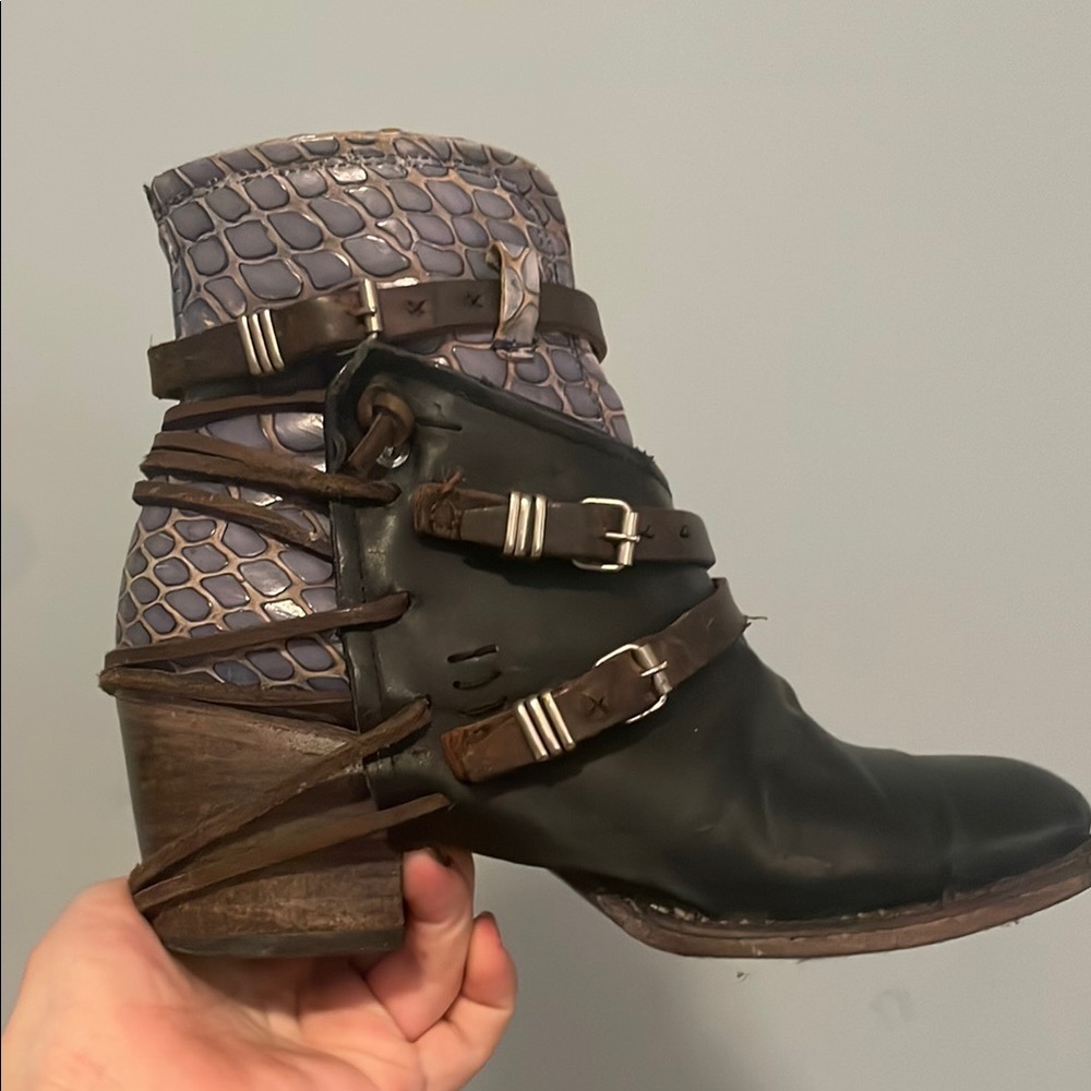 Freebird by Steven Crue - Black and Blue Snakeskin Ankle Boots with Straps